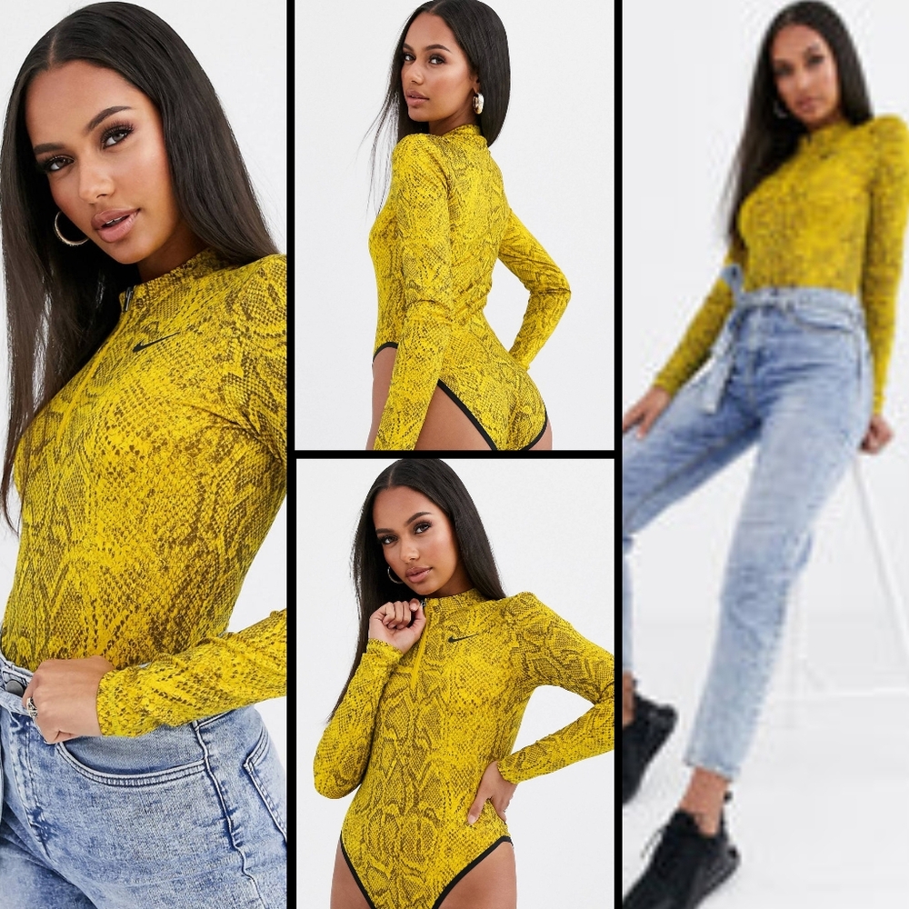 Nike Sportswear Women's Long-Sleeve Bodysuit Snake-Print Yellow Size Small